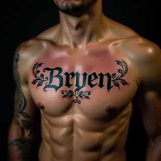 Traditional Name Tattoo for Men on Sternum - Blue & Black Design
