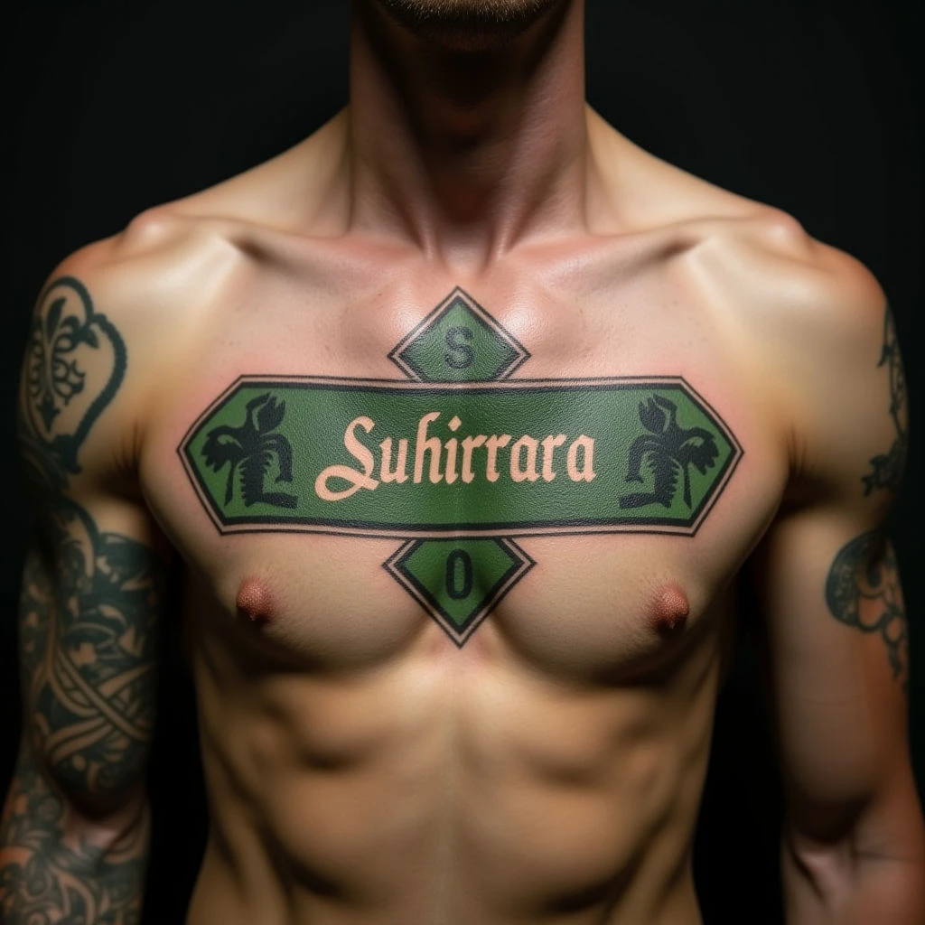 Geometric Green Chest Name Tattoo Designs for Men