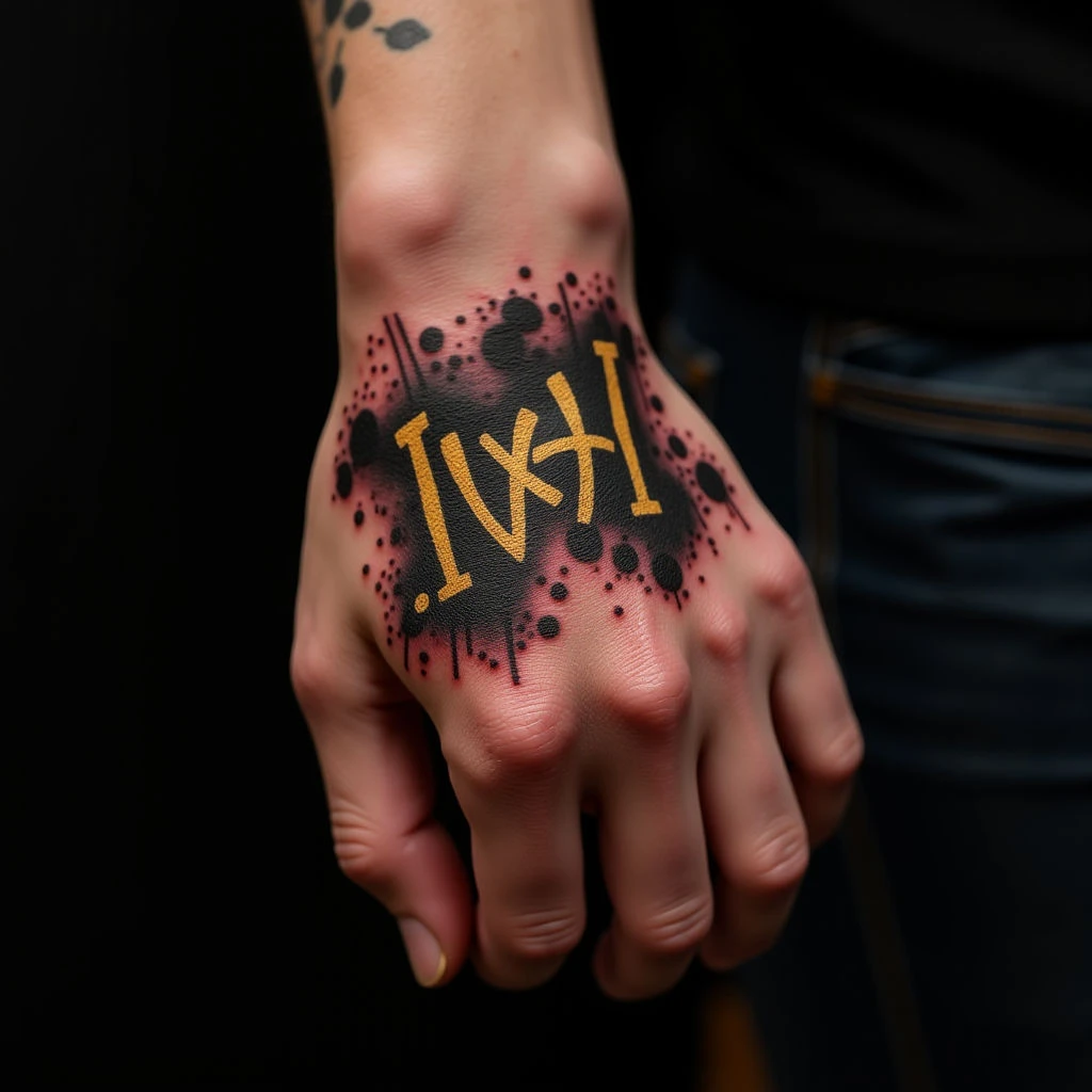 Trash Polka Lettering Tattoos on Hand: Golden Script Inspiration