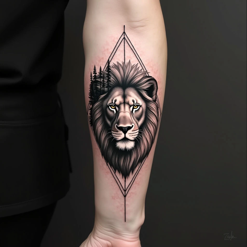 Geometric Lion Tattoo: Strength and Symmetry