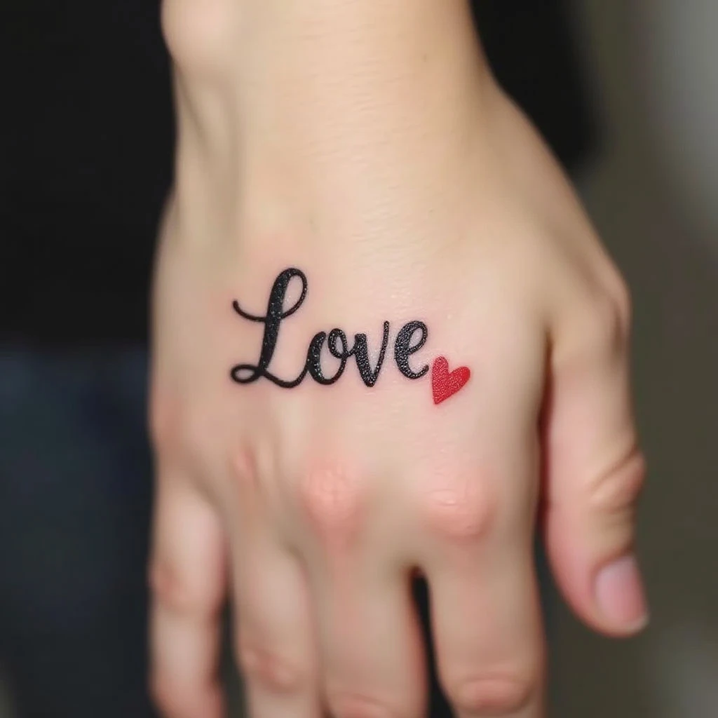 Minimalist 'Love' Hand Tattoo with Heart Detail