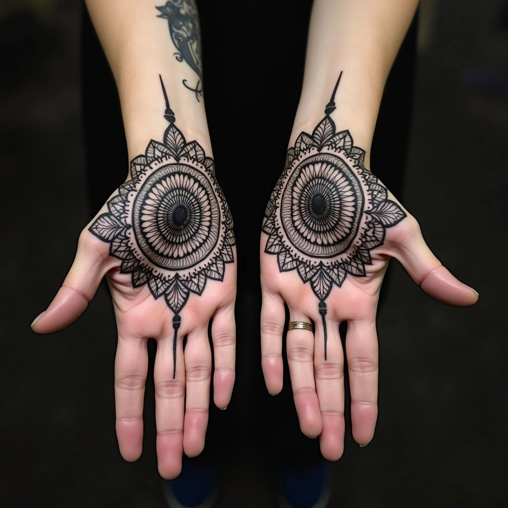 Intricate Geometric Mandala Tattoo on Hands and Forearm