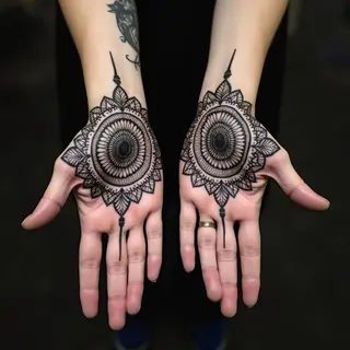 Intricate Geometric Mandala Tattoo on Hands and Forearm