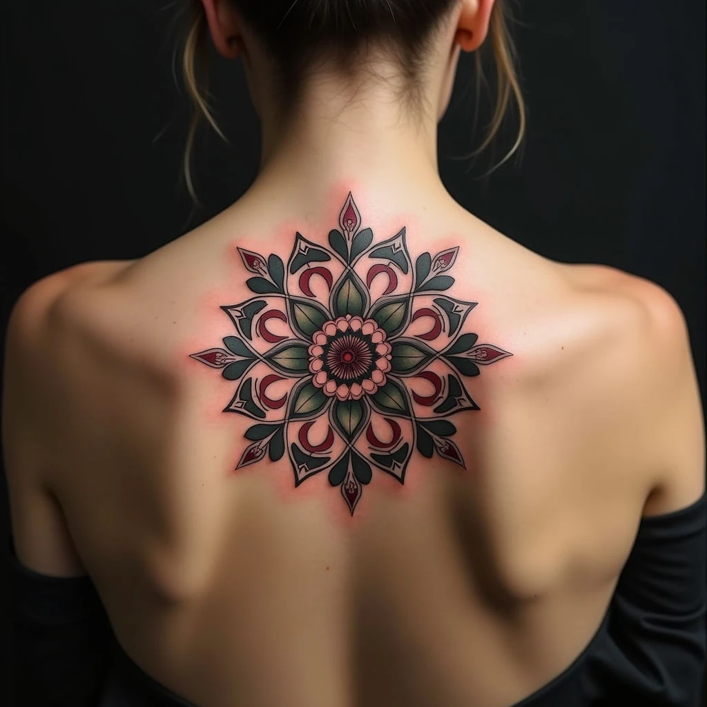 Intricate Geometric Mandala Tattoo on Upper Back