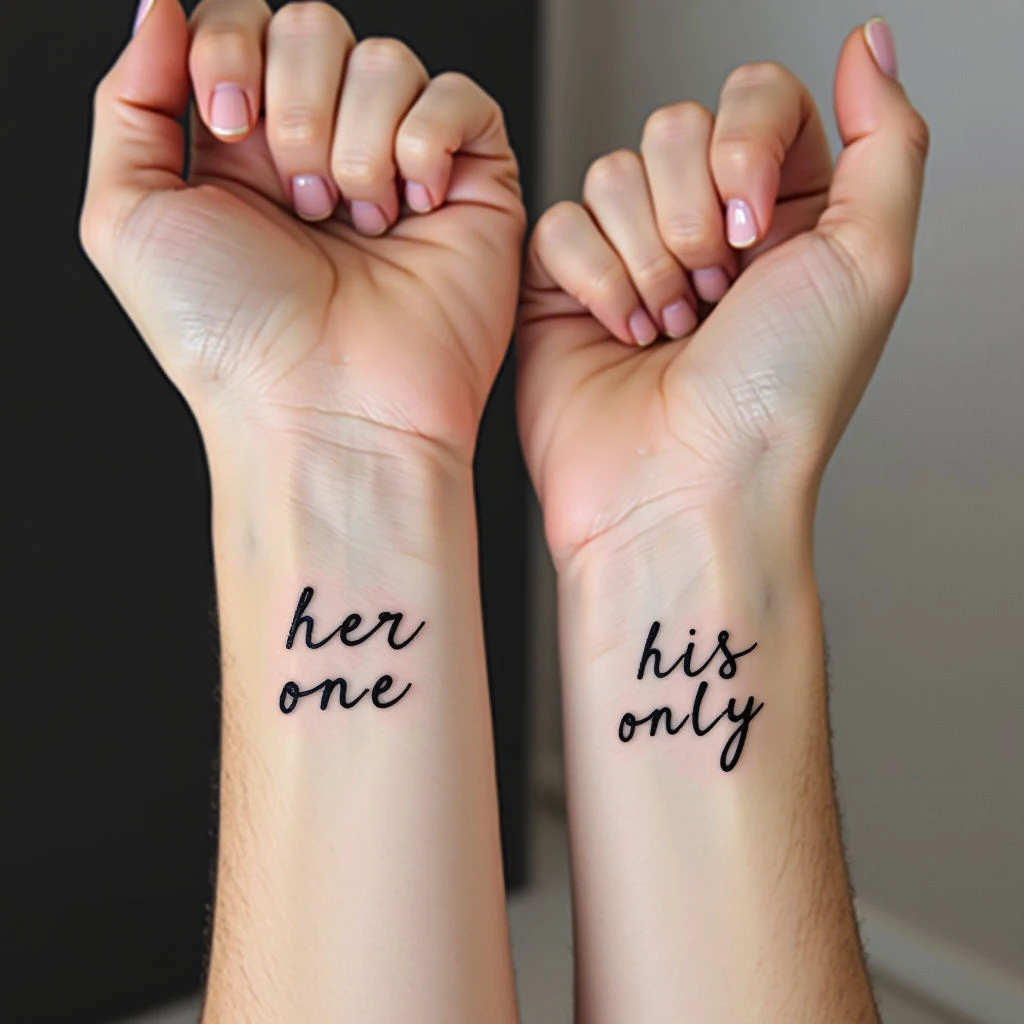 Minimalist Script Tattoos: 'Her One' and 'His Only'