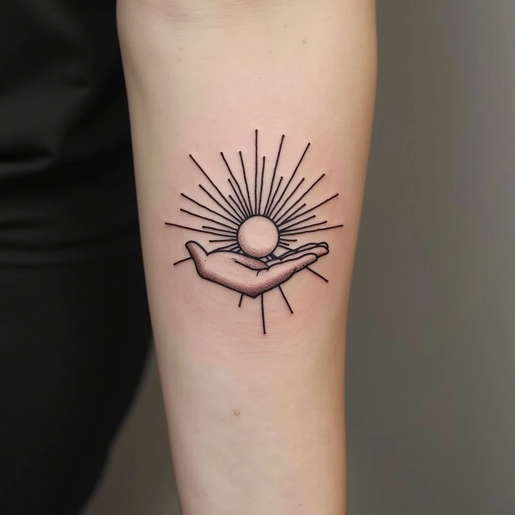 Minimalist Sun and Hand Tattoo: A Symbol of Hope & Guidance