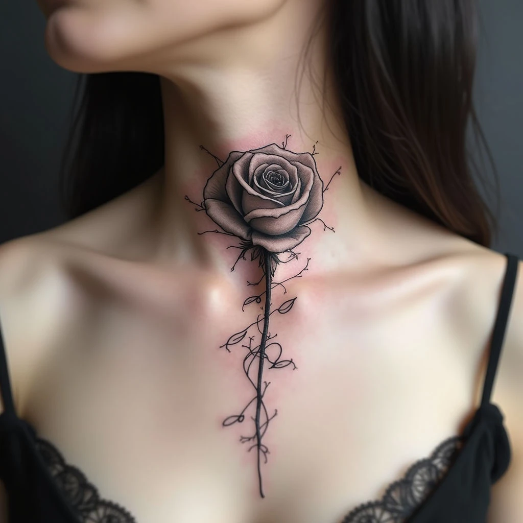 Elegant Rose and Name Tattoo on the Neck