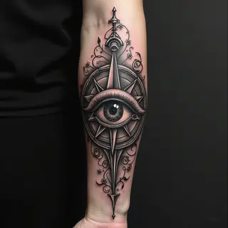 Intricate Forearm Sleeve Tattoo: Compass and Eye Design
