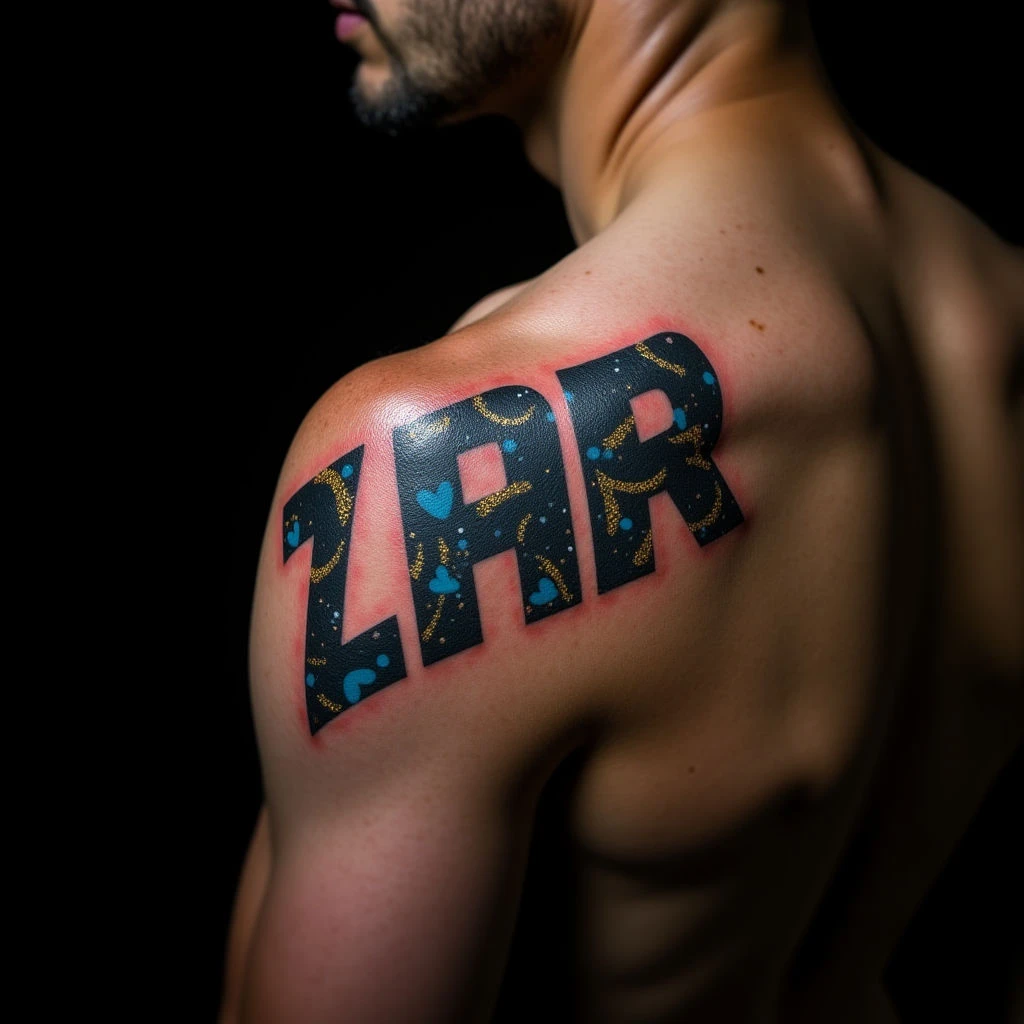 Bold Trash Polka Lettering Tattoos for Men's Shoulders