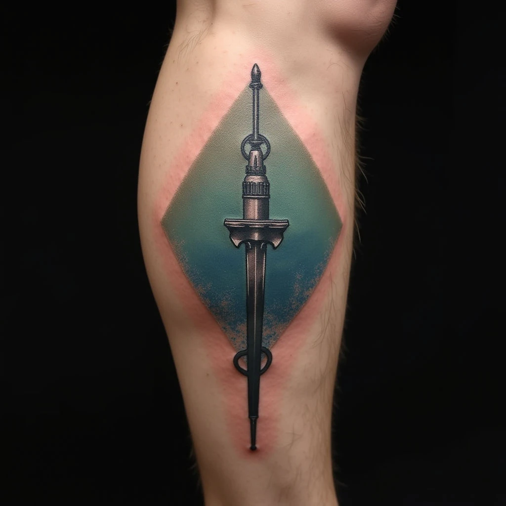 Powerful Military Tattoo on Calf: Dotwork Design in Blue & Green
