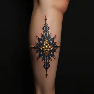 Delicate Blue & Gold Leg Tattoos: Ornamental Minimalist Designs