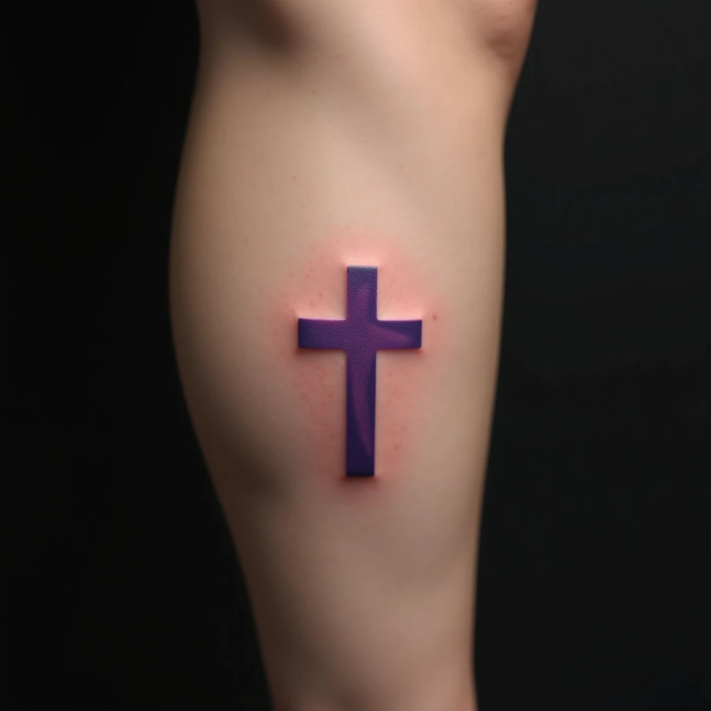 Delicate Purple Cross Hand Tattoo on Leg: A Minimalist Symbol of Faith