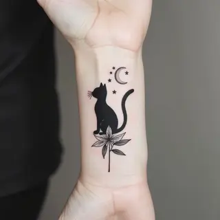 Minimalist Tattoo Design: Cat, Moon, and Flower
