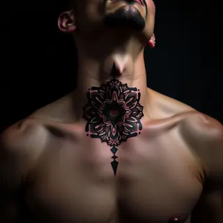 Subtle Neck Mandala Tattoos for Men: Minimalist Red, Black & Grey Designs