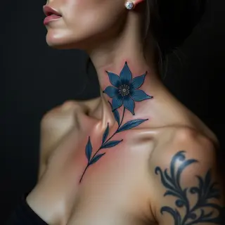 Bold Blue Neo-Traditional Flower Tattoo for the Neck
