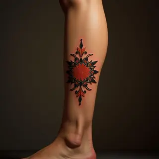 Delicate Red-Orange Ornamental Leg Tattoos for Women