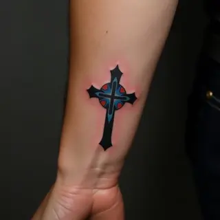 Delicate Small Cross Tattoos for Women on Calf (Black, Red & Blue)