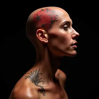 Subtle Surreal Head Tattoos for Women: Minimalist Red-Brown Designs