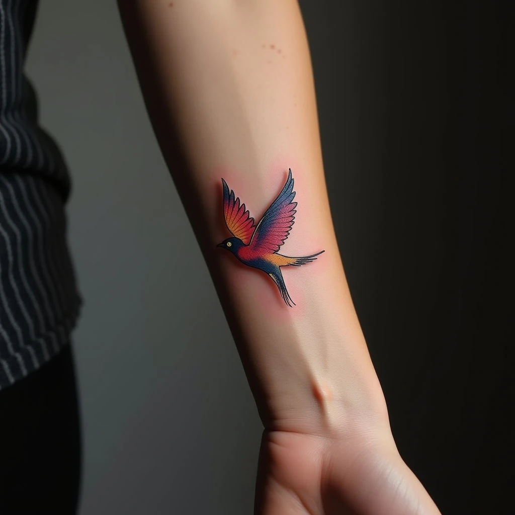 Delicate Watercolor Gold Bird Tattoos for Women's Forearms