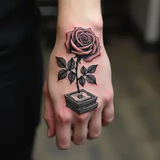 Rose Blooming from Currency: A Hand Tattoo