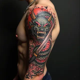Intricate Namakubi Sleeve Tattoo: Demon, Dragon, and Sword