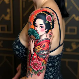 Japanese Sleeve Tattoo: Geisha and Koi Composition