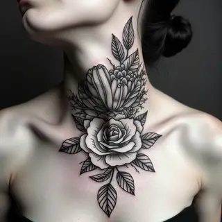 Neck Tattoo: Floral Design with Baseball Theme