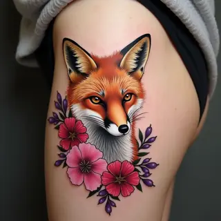 Neo-Traditional Fox and Floral Tattoo Design