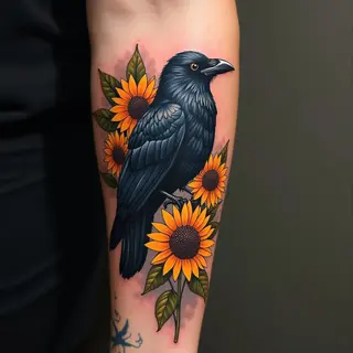 Neo-Traditional Raven and Sunflower Tattoo