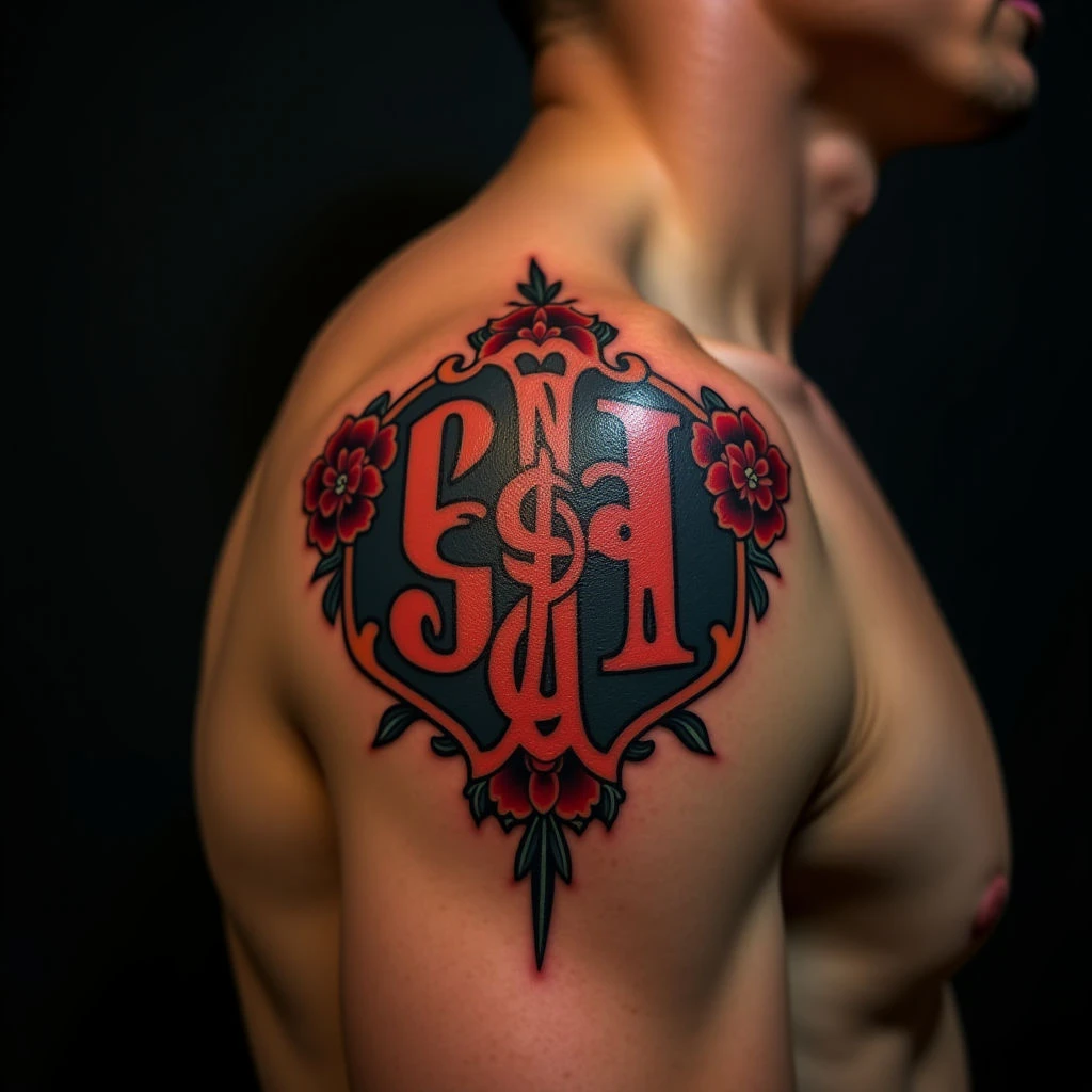 Neo-Traditional Family Name Tattoos on Shoulders