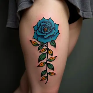 Neo-Traditional Rose and Leaf Thigh Tattoo Design
