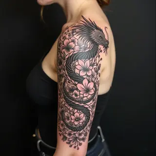 Neo-Traditional Floral Dragon Sleeve Tattoo