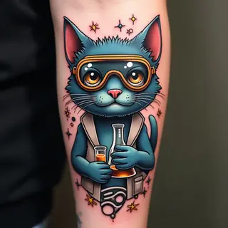 Whimsical Horror: A New Skool Cat Chemist Tattoo Design