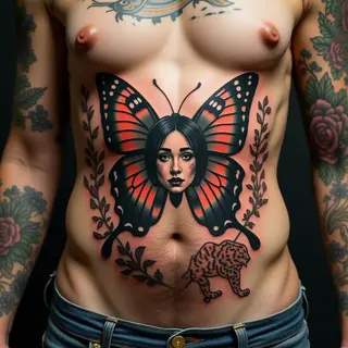 Vintage Butterfly Portrait Tattoo on Stomach