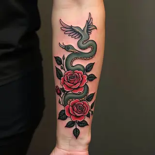 Classic Old School Tattoo Design: Snake, Bird & Rose