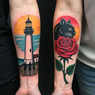 Classic Lighthouse and Panther Traditional Tattoos