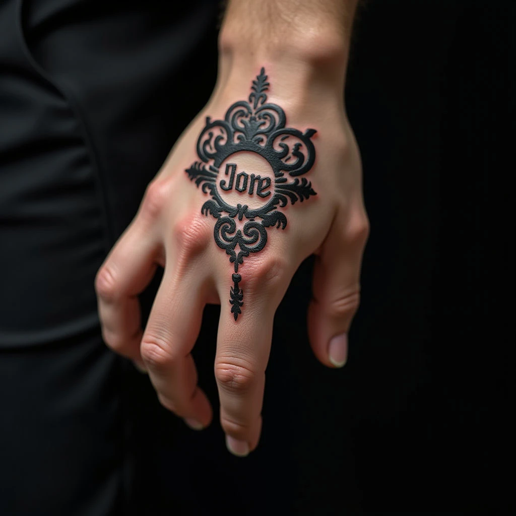 Elegant Ornamental Son's Name Finger Tattoo for Men