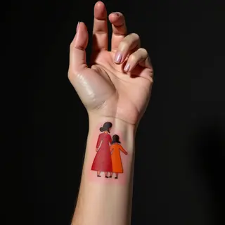 Elegant Ornamental Mother and Child Wrist Tattoo in Red & Orange