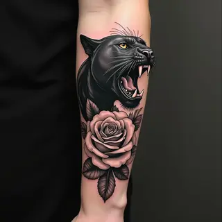 Panther and Rose Traditional Forearm Tattoo