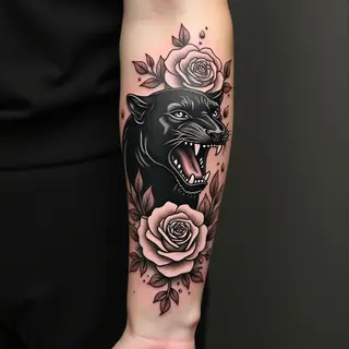 Powerful Panther and Rose Traditional Tattoo