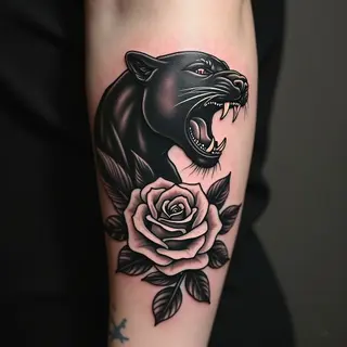 Panther and Rose Traditional Tattoo Design