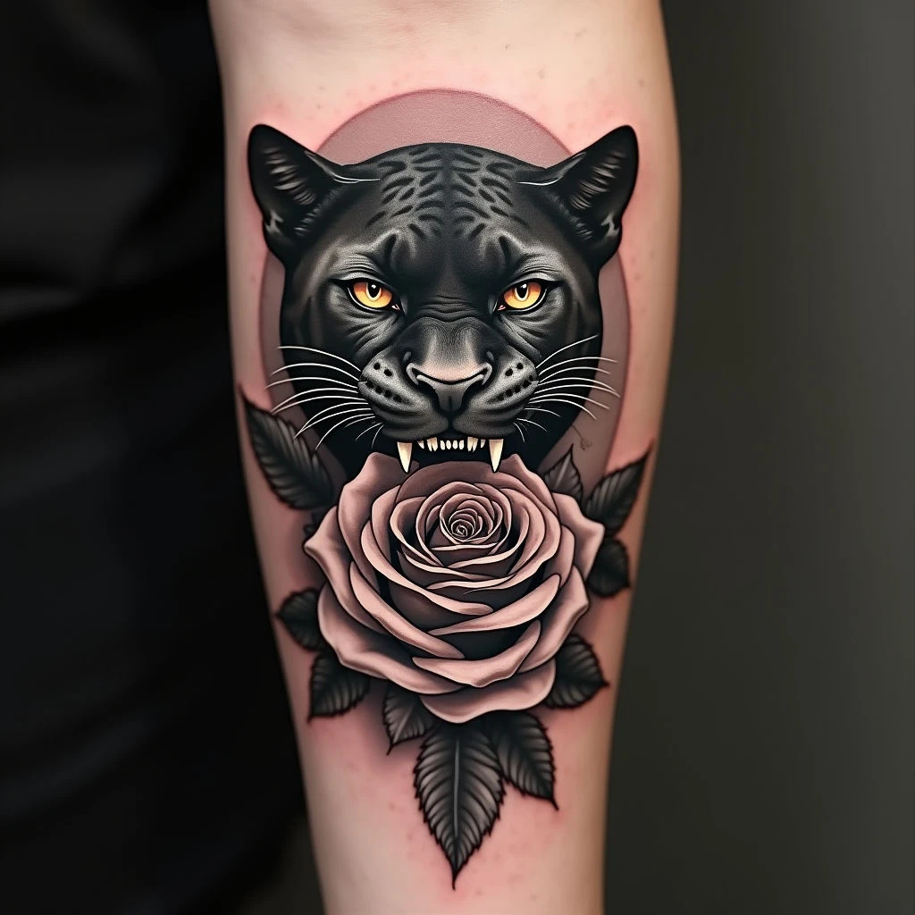 Neo-Traditional Panther and Rose Tattoo