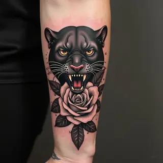 Dramatic Panther and Rose Traditional Tattoo on Forearm