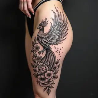 Dramatic Phoenix and Floral Thigh Tattoo