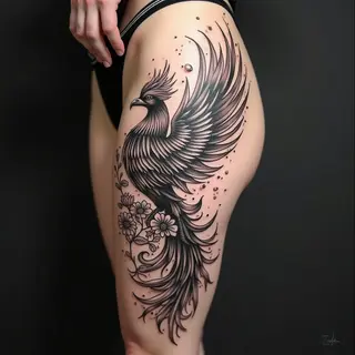 Majestic Phoenix and Floral Thigh Tattoo