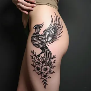 Phoenix and Floral Thigh Tattoo: A Study in Rebirth