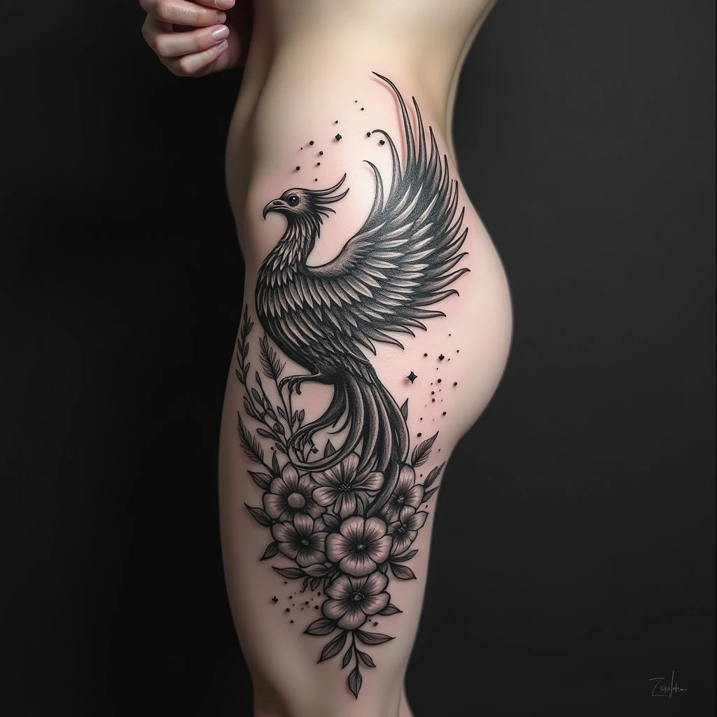Surreal Phoenix and Floral Thigh Tattoo