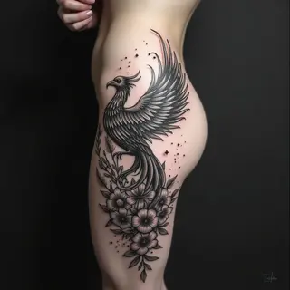 Surreal Phoenix and Floral Thigh Tattoo