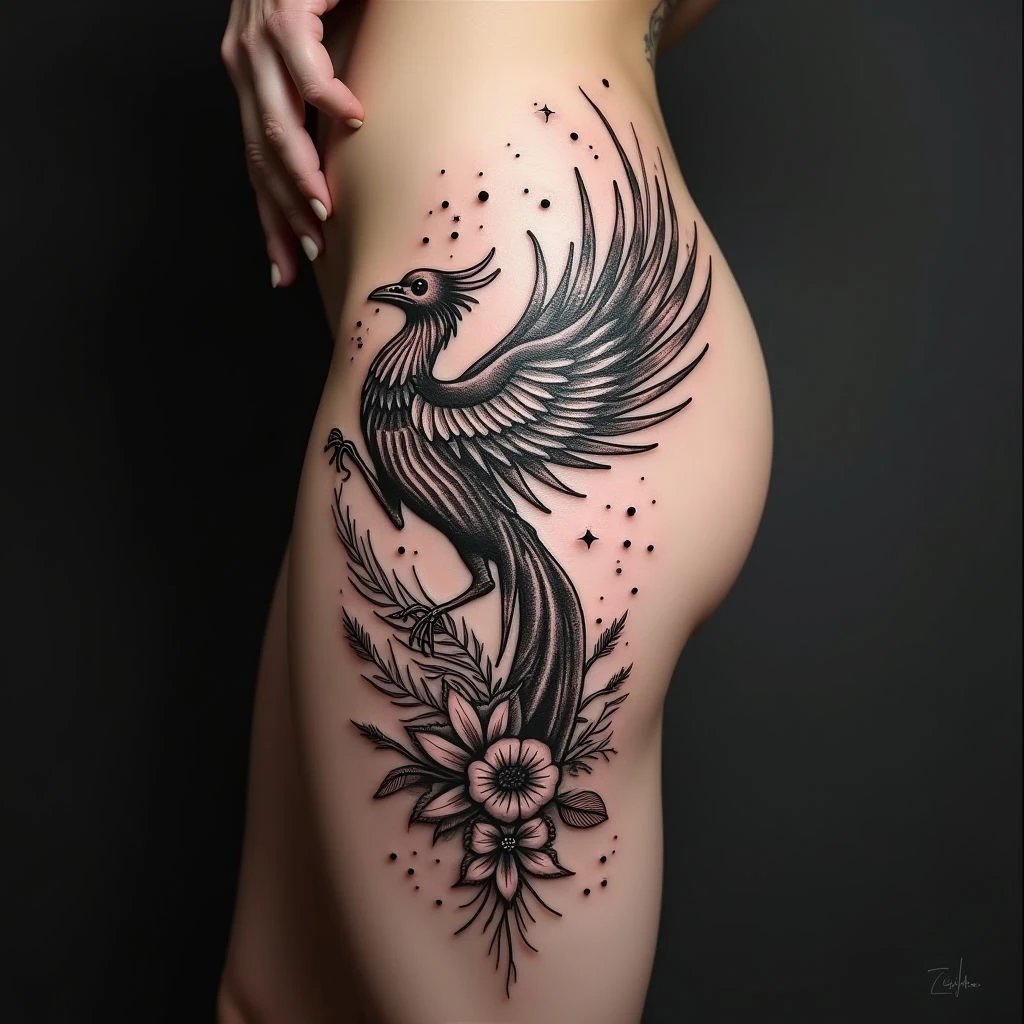 Dramatic Phoenix Tattoo on Thigh
