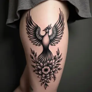 Ornate Phoenix Tattoo on Thigh